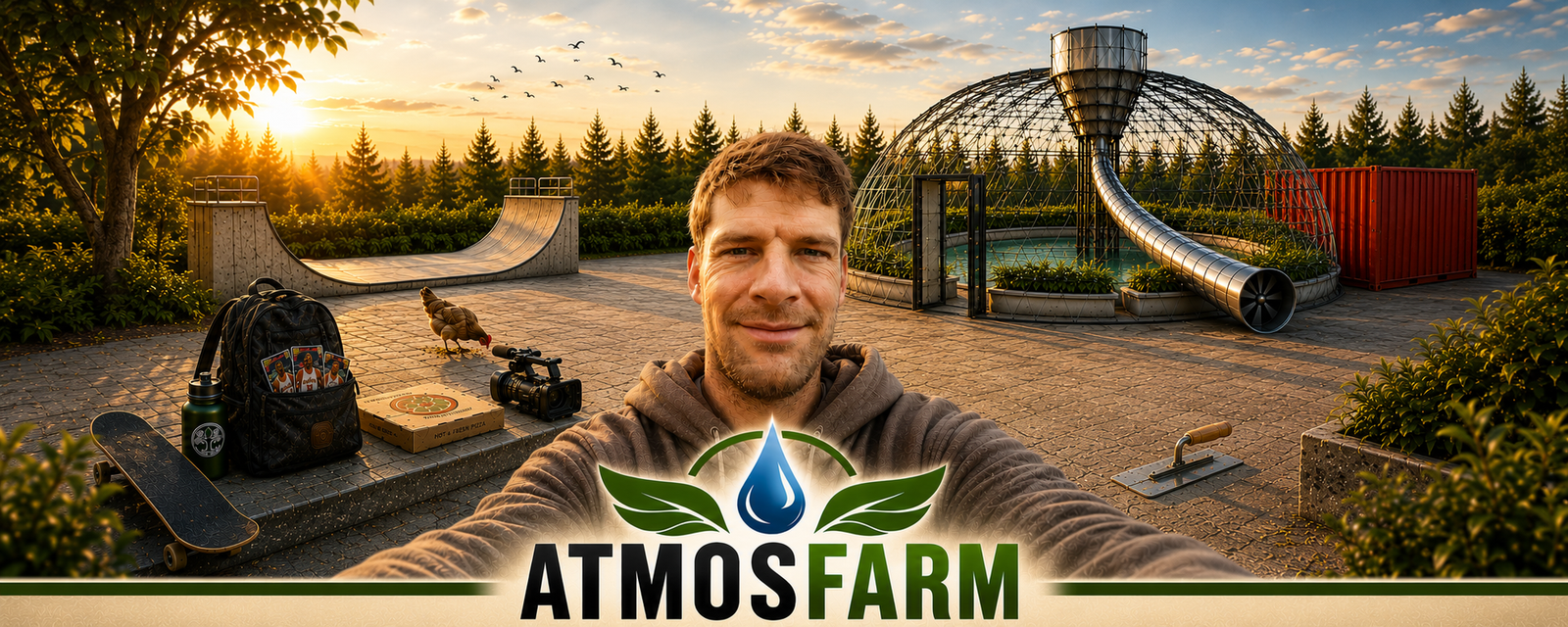 Atmos-Farm — the creator, the dome, the skate ramp, the farm and the gear in one frame