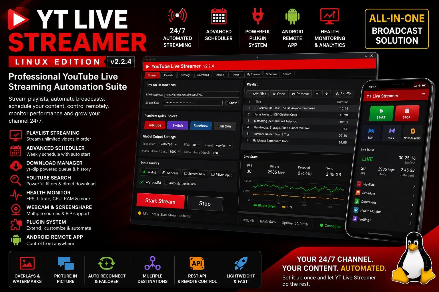 YT Live Streamer desktop interface and Android remote app